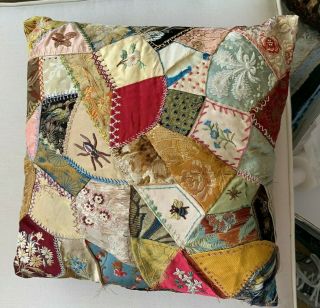 Antique One Of A Kind Crazy - Quilt Embroidered Pillow With Embroidery.  Defects,  B