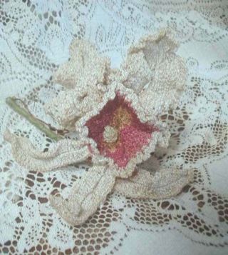 Antique 1912 Edwardian Orchid Millinery Flower Ruffled Hand Crochet Pink Iris