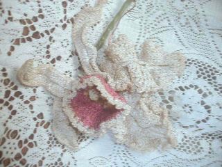 Antique 1912 Edwardian Orchid Millinery Flower Ruffled Hand Crochet Pink iris 4