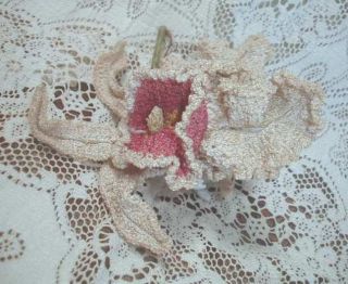Antique 1912 Edwardian Orchid Millinery Flower Ruffled Hand Crochet Pink iris 7