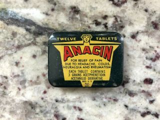 Antique Art Deco Anacin Headache Remedy Tin Mfg In Chicago Il Apothecary Medical