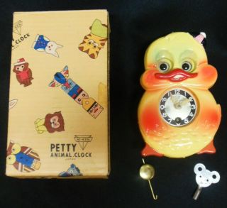 Vintage Japanese Mi - Ken Petty Duck Moving Eyes Clock W/key,  Pendulum & Box