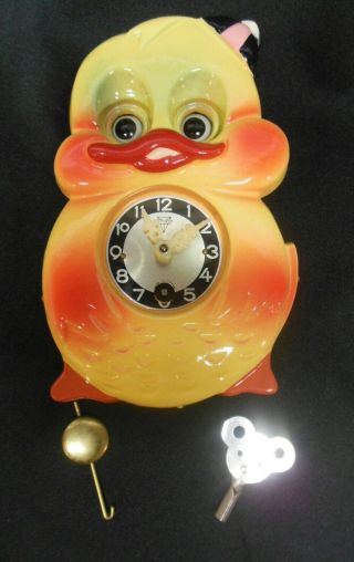 Vintage Japanese Mi - ken Petty Duck Moving Eyes Clock w/Key,  Pendulum & Box 2