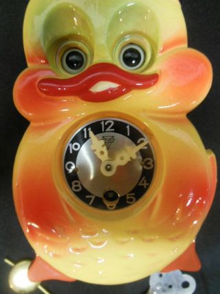 Vintage Japanese Mi - ken Petty Duck Moving Eyes Clock w/Key,  Pendulum & Box 4