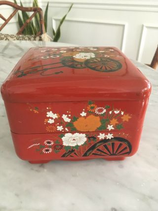 Vtg Art Deco Japanese Asian Chinoiserie Red Lacquered Stacking Jewelry Box