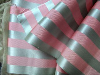 Exquisite Antique Victorian French Lush Silk Stripe Ribbon Trim Sash Silver Pink
