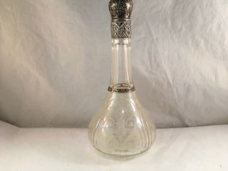 Antique Victorian Silver Overlay Decorated Cut Etched Glass Decanter Bottle A