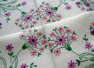 Vintage Tablecloth Hand Embroidered - Bouquets Of Flowers - Linen -