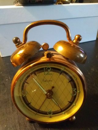 Vintage Salvest Double Bell Copper Alarm Clock Germany Runs