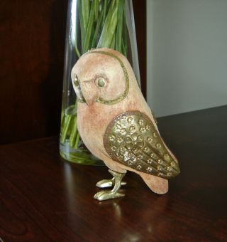 Carved Wood Owl Bird With Brass Accents,  Vintage Carving One - Of - A - Kind Treasure