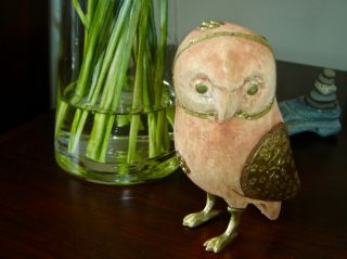 Carved Wood Owl Bird with Brass Accents,  Vintage Carving One - of - a - Kind Treasure 2