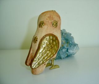 Carved Wood Owl Bird with Brass Accents,  Vintage Carving One - of - a - Kind Treasure 3