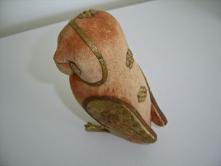 Carved Wood Owl Bird with Brass Accents,  Vintage Carving One - of - a - Kind Treasure 4