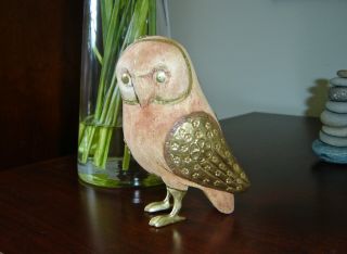 Carved Wood Owl Bird with Brass Accents,  Vintage Carving One - of - a - Kind Treasure 5