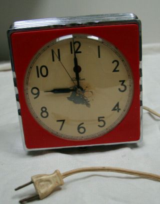 Vintage Telechron Red And Chrome Square Wall Clock - And Keeps Time