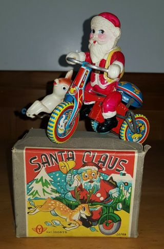 Antique Celluloid Santa Claus Wind Up Litho Tin Tricycle Japan Yonesawa Yone
