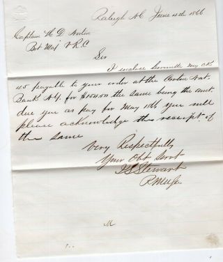 1866letter & Postmarked Envelope Raleigh,  Nc Paymaster General