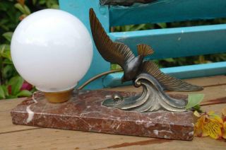 Vintage French Art Deco Sculpture Lamp Spelter Swallow On A Marble Base 30s Chic
