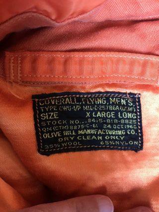 Vintage Orange Flight suit 1960 XL Long Olive Mill Wool Blend So Cool USA 3