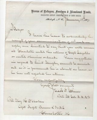 1867 Letter From N.  C.  Assistant Commissioner Bureau Refugees,  Freedmen