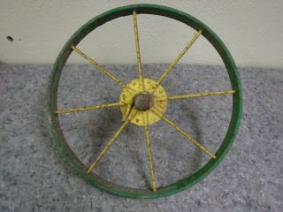 Antique Iron Spoked Wheel - Yellow & Green Paint - Wagon - Tractor - John Deere?