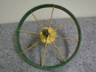 Antique Iron Spoked Wheel - Yellow & Green Paint - Wagon - Tractor - John Deere? 2