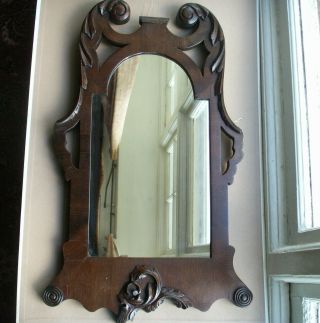 Old Antique Carved Wooden Mahogany Framed Victorian Wall Mirror C.  1890 Scrolled