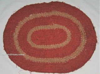 Old Primitive Red Wheat And Crocheted Small Oval Rag Rug 18 1/2 " X 14 "