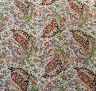 Antique Vtg.  Floral Paisley Cotton Fabric Red Green Blue Yellow Black