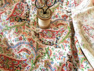 Antique Vtg.  Floral Paisley Cotton Fabric Red Green Blue Yellow Black 3