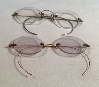 Two Vintage Spectacles,  One Round Lens And One Octagonal.  Silver And Gol
