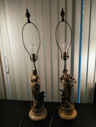 French Antique Aug Moreau Spelter Figural Table Lamps