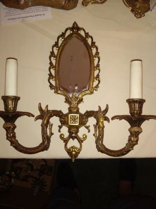 Vintage Brass Mirrored Wall Sconce Candle Holder Wired