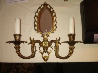 Vintage Brass Mirrored Wall Sconce Candle holder Wired 6