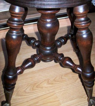 ANTIQUE WALNUT PIANO STOOL ADJUSTABLE SEAT CLAW FOOT WITH GLASS BALL - 5