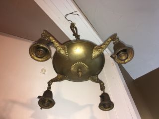 Antique Art Nouveau Brass Chandelier 4 Ceiling Lighting Fixture Ornate Pan Vtg