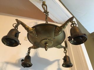 Antique Art Nouveau Brass Chandelier 4 Ceiling Lighting Fixture Ornate Pan VTG 2