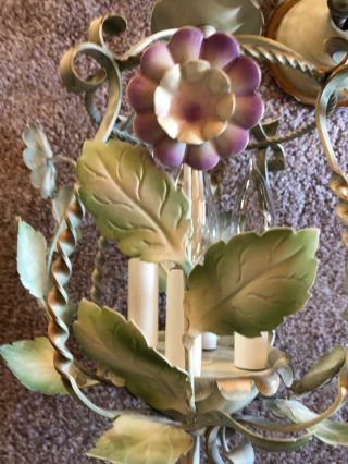 Vintage Italian Tole Painted 4 Lamp Chandelier Yellow & Purple Flowers Gold Trim