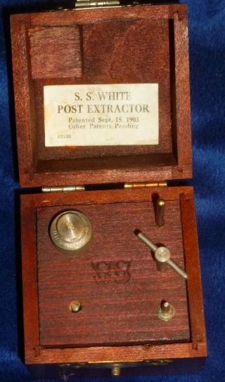 Antique 1903 Dental Box: Ss White Post Extractor W/ 5 Tools,  Marked Ss On W,  Vg