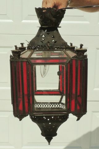 Antique/vtg Gothic Red Stained Glass Metal Hanging Light Chandelier Needs Work