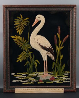 Antique 1920s Folk Art Plushwork Embroidery Stork & Catoninetails