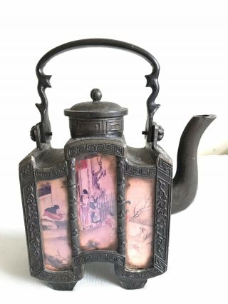 Vintage Heavy Metal Oriental Teapot With Picture Panels 6”