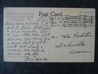 1945 Santa Fe Mexico Postcard & Cancel Po Box 180 Los Alamos Henry L Redsten