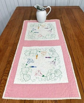 Pink Cottage c 30s Morning Glory Vintage Table QUILT Runner 40 x 19 2