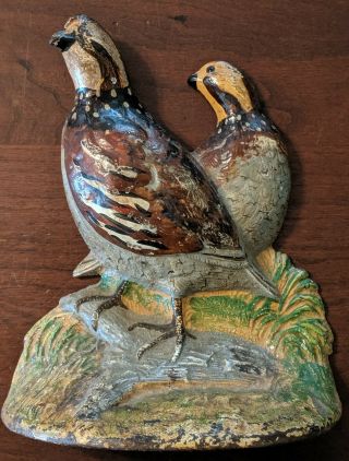 Antique Fred Everett 1934 Cast Iron Hubley Double Quail Doorstop Paint 3