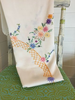 Large Vintage Tablecloth Embroidered Colourful Flowers 50” X 64” Gc