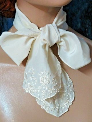 Antique Edwardian Pure Silk Embroidered Jabot Sash Neck Tie Scarf Cream 47 " Long