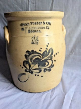 11/2 Gal Stoneware Cream Pot W/ Cobalt Floral Dean,  Foster & Co Boston Nr.  "