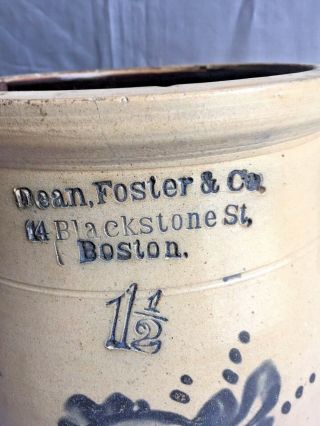 11/2 GAL STONEWARE CREAM POT w/ cobalt floral Dean,  Foster & Co Boston NR.  