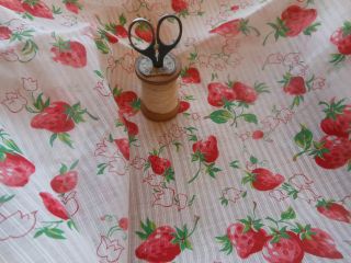 Antique Vintage Strawberry Posies Dimity Cotton Fabric Dolls Curtains Blouse